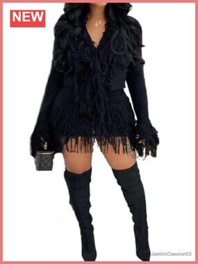 Fringe Cardigan Skirt Set Crochet Knit Tassel Sweater Outfit